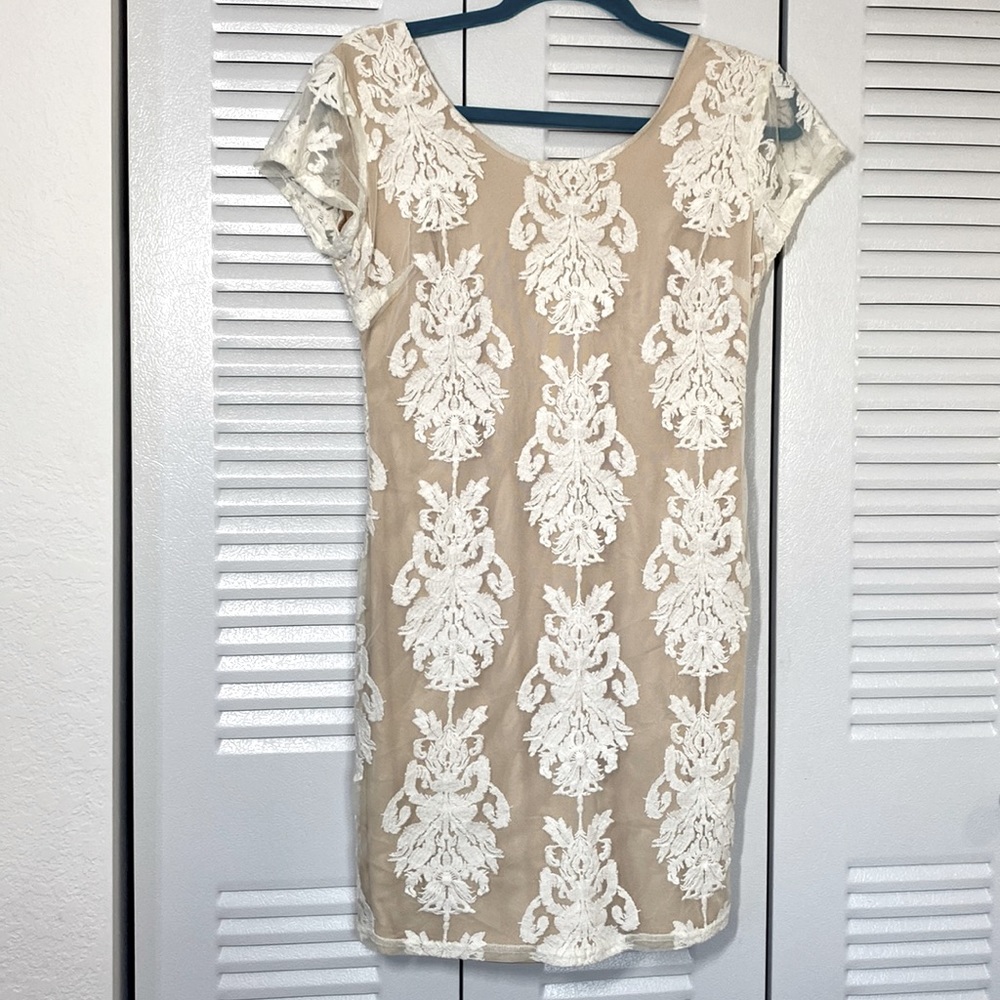 White and tan lace dress